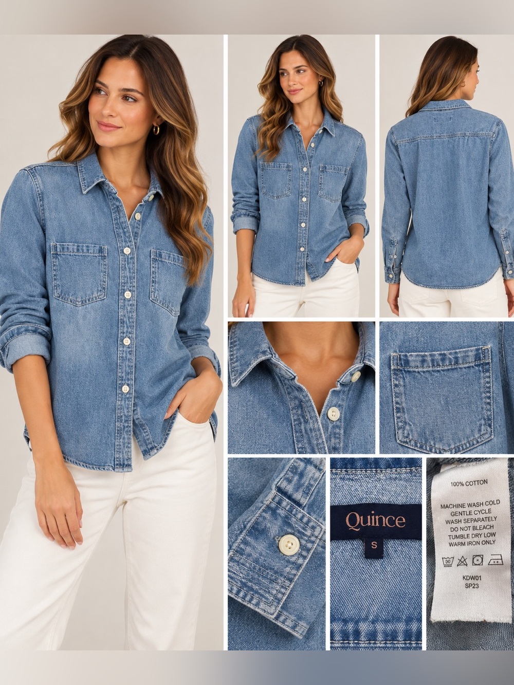 Quince Distressed Denim Shirt Blue 100% Cotton Button Down Small